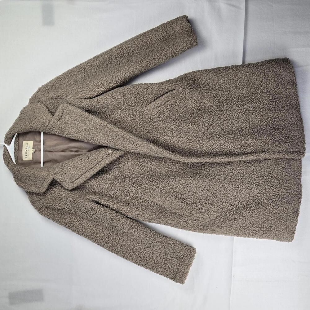 Promesa Teddy Sherpa Wrap Coat Long Beige Faux Fur Collard Size S